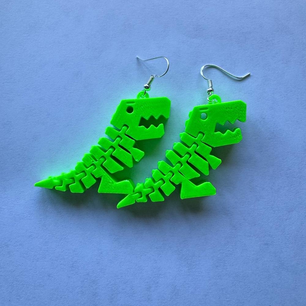 3D Printed Green Flexible Dino Earrings Hypoallergenic
